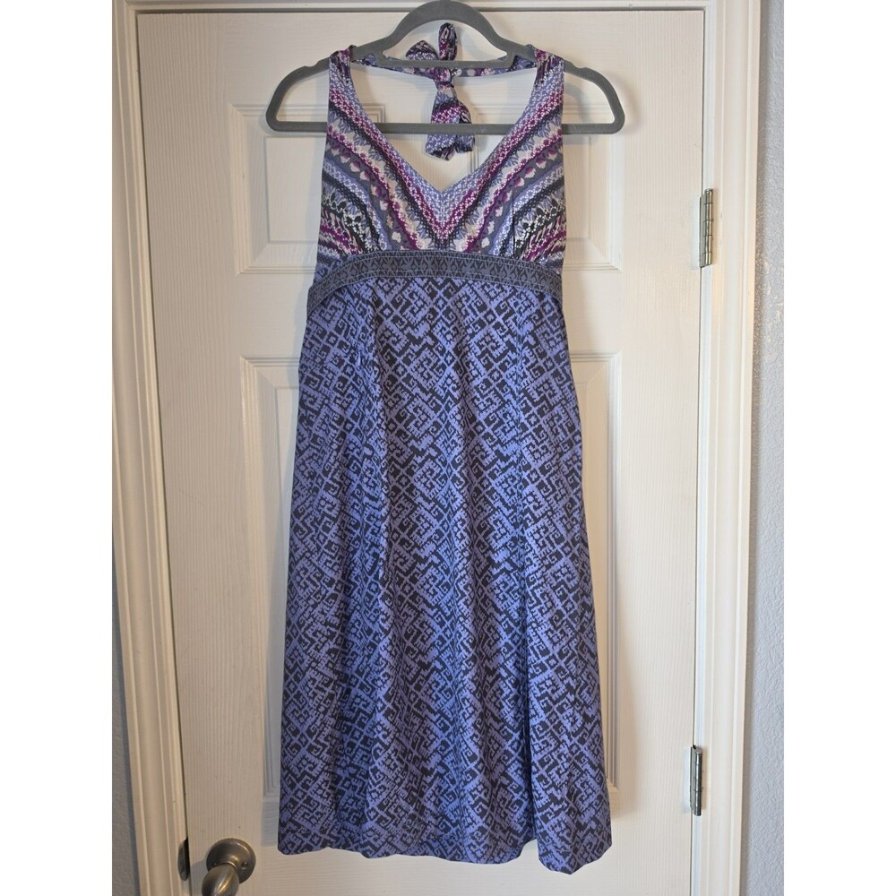 Athleta Everywhere Halter Dress Purple Print 12 Resort Travel Padded Bra Pocket